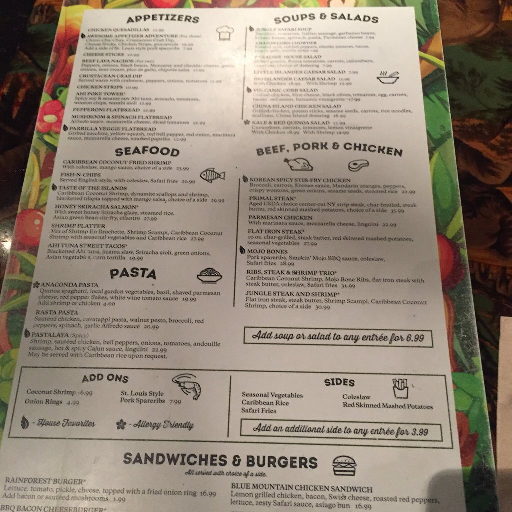 Rainforest Cafe menu photo