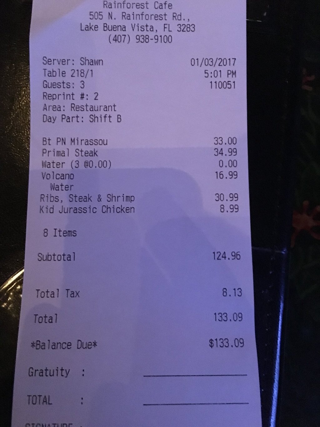 Rainforest Cafe menu photo