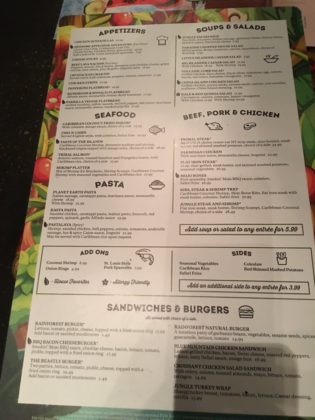 Rainforest Cafe menu photo