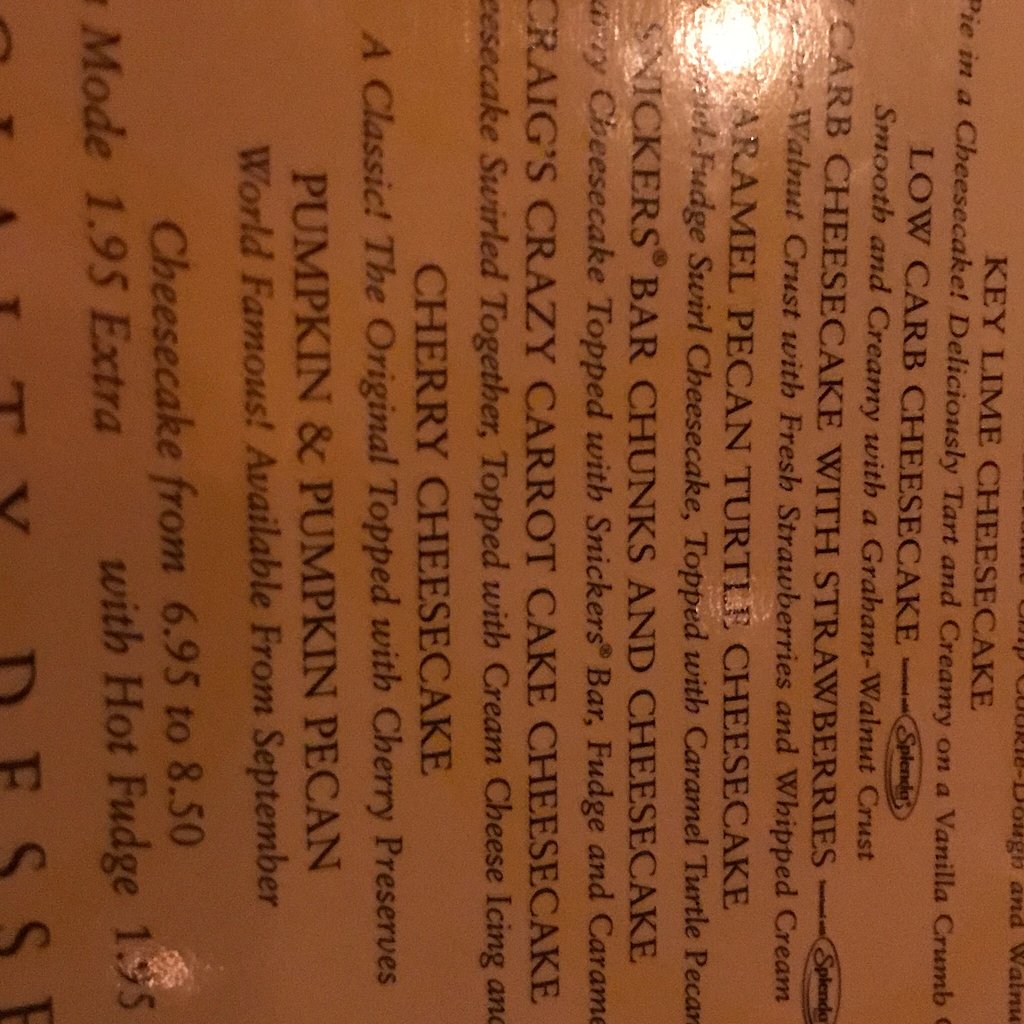 The Cheesecake Factory menu photo
