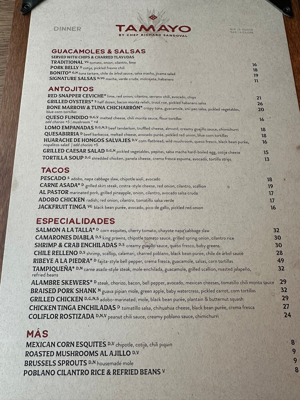Tamayo menu photo