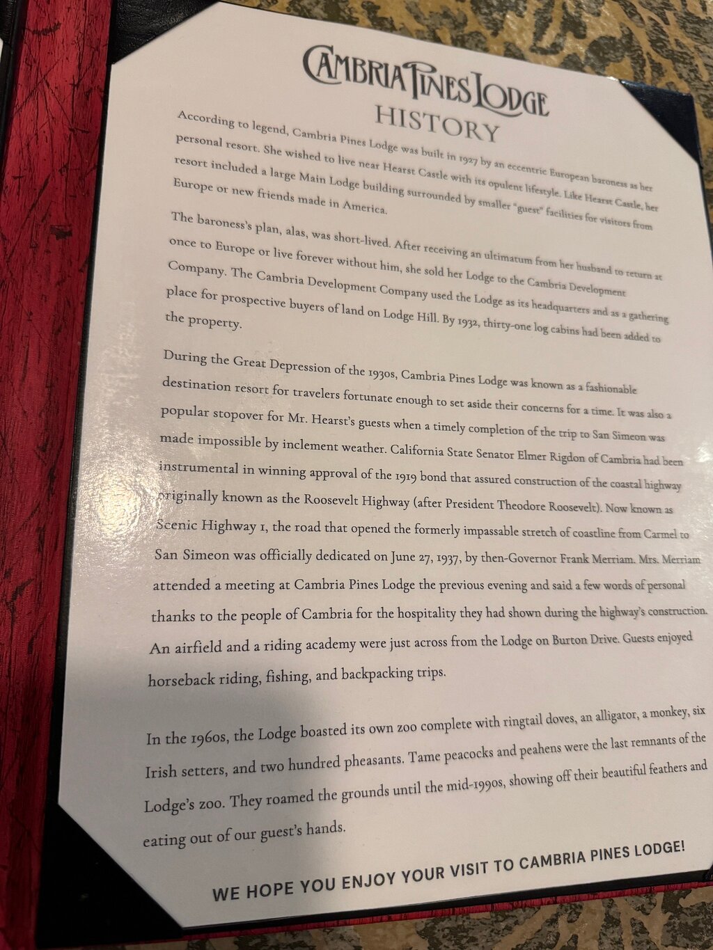 Cambria Pines Lodge Restaurant menu photo