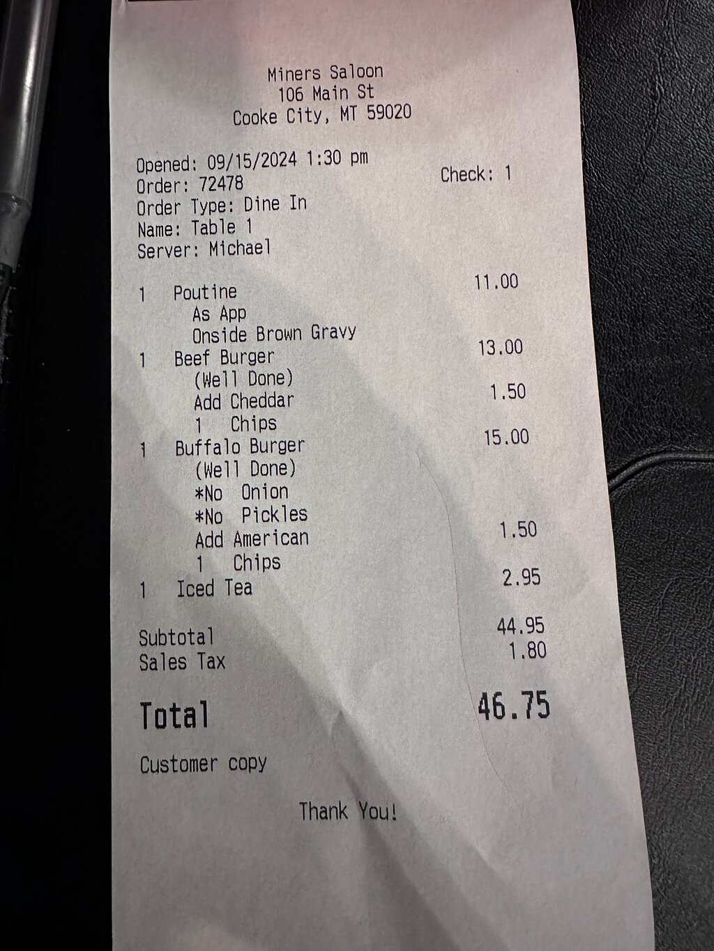 Miners Saloon menu photo