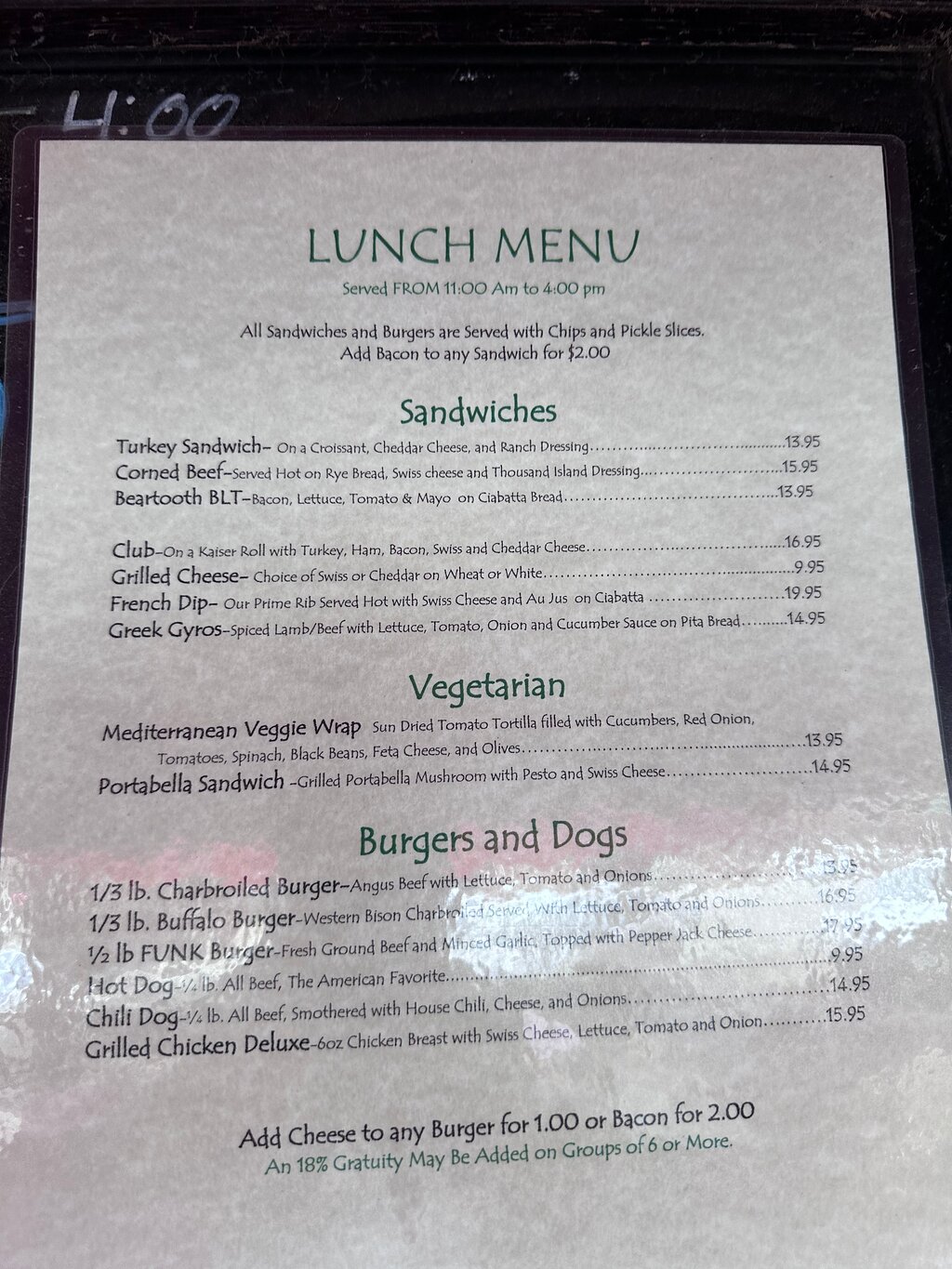 Miners Saloon menu photo