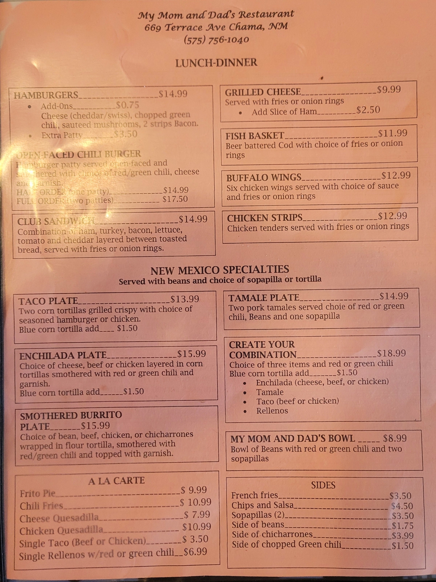 My Mom And Dad's Restaurant menu photo