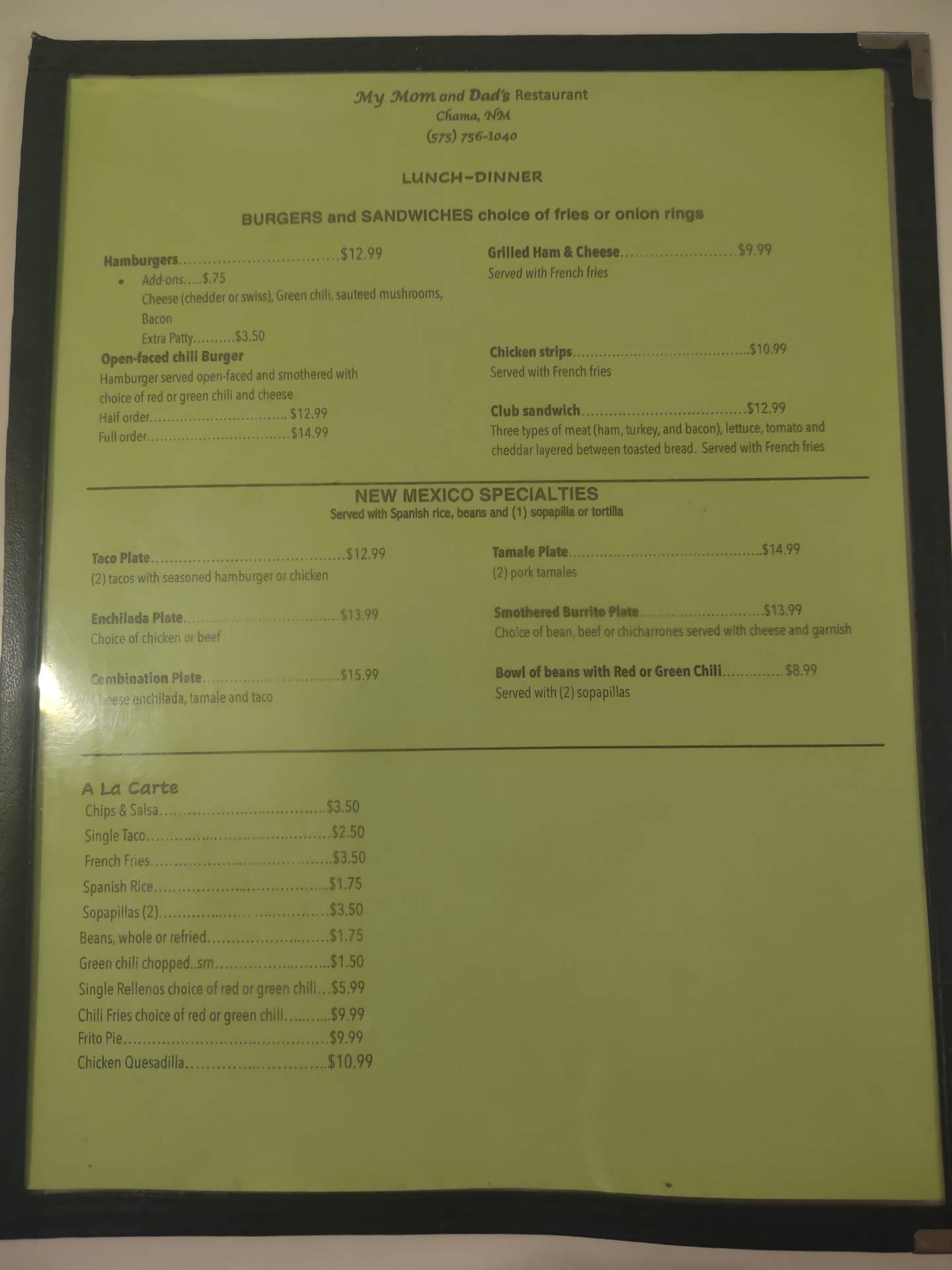 My Mom And Dad's Restaurant menu photo
